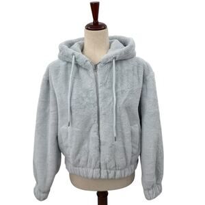 NEW Macy's Planet Heart Blue Fur Zip up Jacket Medium Bomber Hoodie Sweatshirt